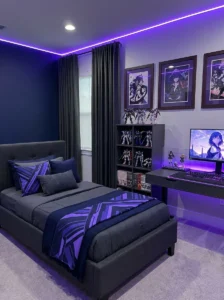 Cohesive anime bedroom using a coordinated three-color palette.