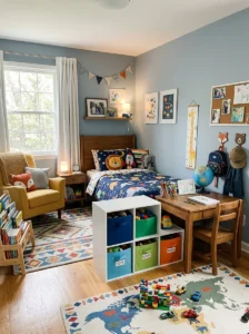 Functional young boy’s bedroom with practical storage, study, and play areas.