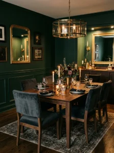 ramatic brass and glass chandelier above an elegant dining table.