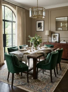 Elegant dining room featuring layered linen, velvet, wool, and leather textures.