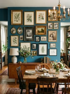 Vintage framed gallery wall in an elegant dining room.