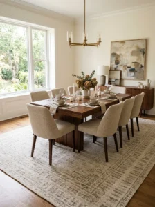 : Large patterned area rug positioned beneath a dining table and chairs.
