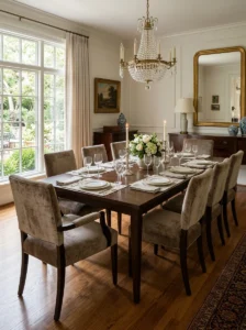Comfortable formal dining chairs arranged around an elegant dining table.