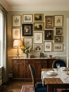 Vintage frame gallery wall displaying artwork and family photographs.