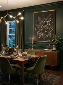 Large dark botanical artwork above a dining room sideboard.