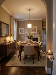 Reed diffuser and candle adding subtle ambience to an elegant dining room.