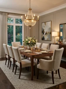 Statement walnut dining table anchoring an elegant dining room.