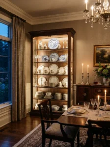 Glass cabinet displaying fine china and decorative dishware.