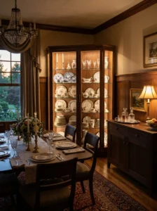 loor-to-ceiling linen curtains adding height to an elegant dining room.