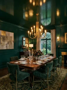 Dining room with a dramatic deep green statement ceiling.