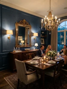 Brass wall sconces flanking a mirror in an elegant dining room.