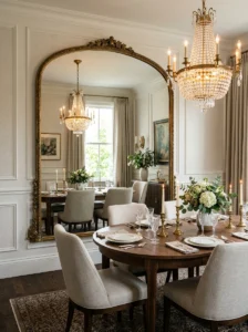 Oversized arched brass mirror reflecting light in a dining room.