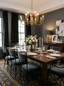 Elegant dining room decorated with mixed metal finishes.