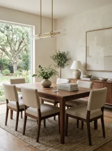 Minimal dining table styled with a low vase and a few books.