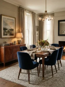 Dining room layered with linen, velvet, wool, and leather textures.