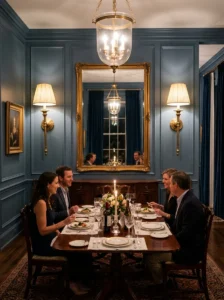 Brass wall sconces flanking a mirror in a dining room.