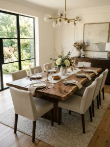 Live-edge walnut dining table in an elegant dining room.