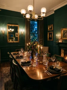 Dining room with deep forest-green walls and warm lighting.