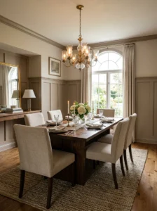 Dining room with monochromatic board-and-batten wainscoting.