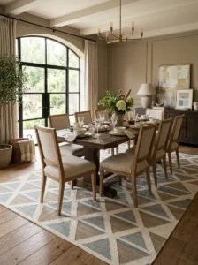 Large geometric area rug beneath an elegant dining table.