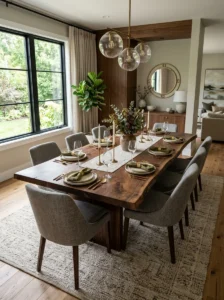 Statement walnut dining table anchoring an elegant dining room.
