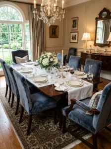 Comfortable upholstered seating arrangement around an elegant dining table.