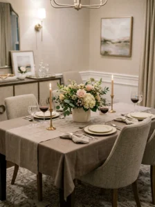 Low fresh floral centerpiece arranged on an elegant dining table.