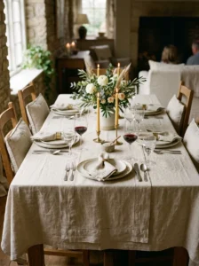 Elegant linen tablecloth and napkins on a dining table.