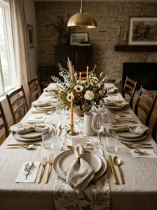 legant dining table styled with linen tablecloth and cloth napkins.