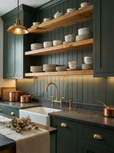 White and gold-rimmed dishware displayed on shelves in a dark green kitchen.