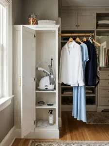 Compact garment steamer station with hanging rail in an organized dressing room.