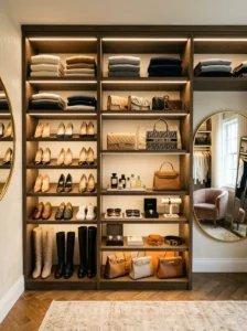 Backlit dressing room shelving displaying clothes, shoes, and accessories.