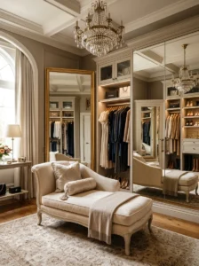 Small upholstered chaise positioned near mirrors in a spacious dressing room.