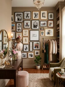 Dressing room gallery wall featuring fashion photography and personal framed pictures.