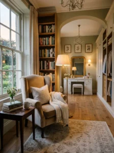 Cozy reading corner with chair, side table, and lamp inside a spacious dressing room.