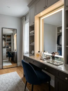 Dressing room vanity with adjustable multi-temperature lighting for different tasks.