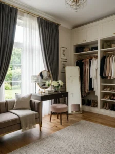 Dressing room with layered sheer and heavy curtains for soft light and privacy.