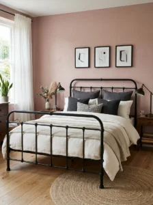 Pink bedroom with charcoal and black decorative accent