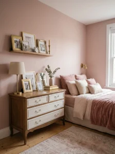 : Gold picture frames decorating a pink bedroom.