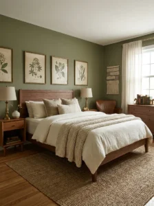Olive green bedroom walls with warm wood furniture and brass accents