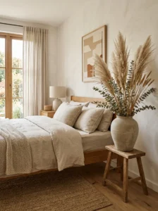 “Earthy modern bedroom decorated with dried pampas grass and botanicals”