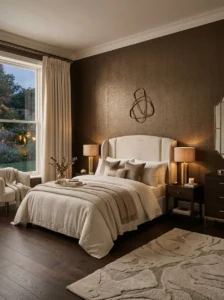 Deep bronze metallic textured wallpaper adding subtle bedroom shimmer