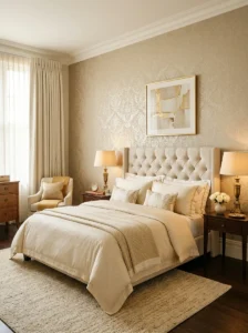 Champagne gold metallic wallpaper adding subtle glamour to a bedroom