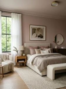 Sophisticated bedroom with muted dusty rose walls