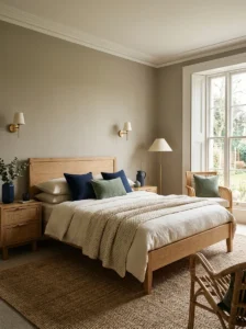 arm greige bedroom walls with wood furniture and cream bedding