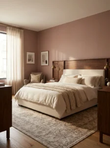 Dusty rose bedroom walls with cream bedding and brass accents