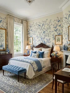 Blue and white chinoiserie wallpaper in an elegant bedroom