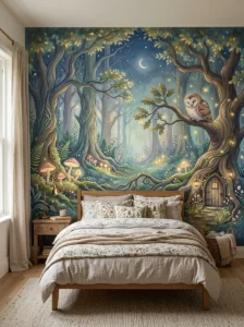 Enchanted forest mural with trees, mushrooms, and a fairy door.