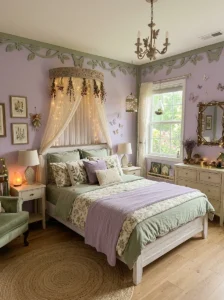 Fairy bedroom with soft lavender walls and sage green accents.