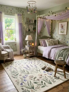 Nature-inspired floral rug in an enchanted fairy bedroom.